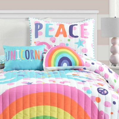 Full White Microfiber Reversible Unicorn Rainbow Quilt Set