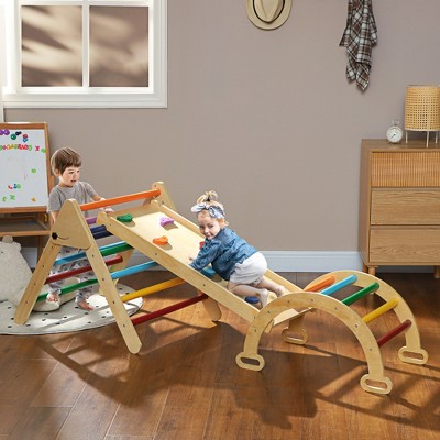 Pikler Triangle Set, 5 in 1 Toddler Climbing Toys Indoor, Foldable Wooden Kids Play Gym with Ramp, Arch for 18-48 Months, Multicolored