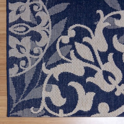 Navy Blue and Beige Medallion Synthetic 5' x 7' Outdoor Rug