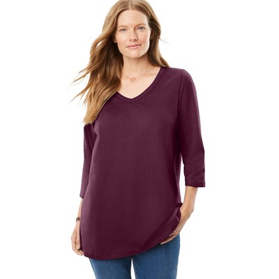 Woman Within Women's Plus Size Perfect Three-Quarter Sleeve V-Neck Tee
