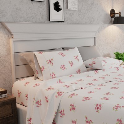 King Pink Floral Cotton Flannel Sheet Set