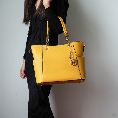 Mustard Faux Leather Tote Bag and Wallet Set with Gold Accents