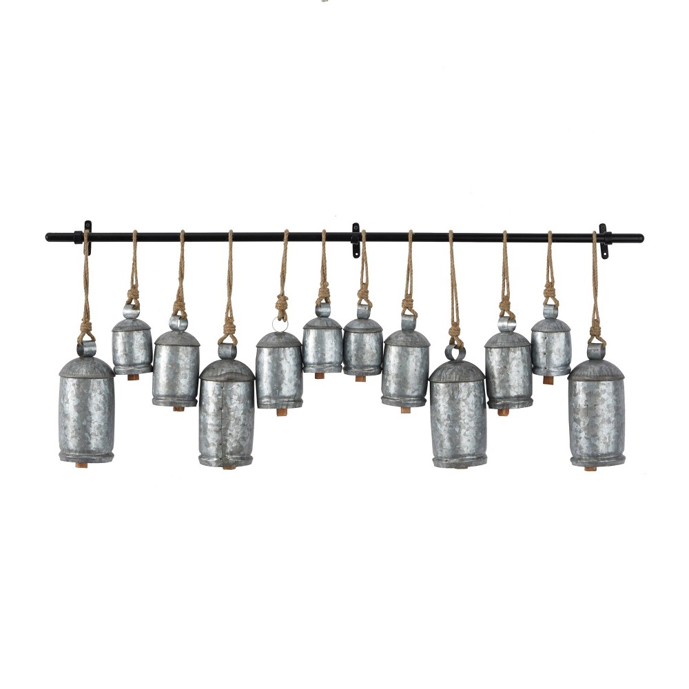 Photos - Other Decoration Metal Tibetan Inspired Indoor Decorative Cow Bells with 12 Bells on Jute Hanging Rope and Metal Rod - Silver – Olivia & May