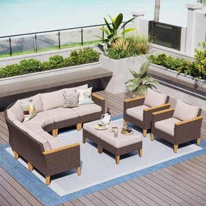 Captiva Designs 10pc Outdoor Wicker Rattan Patio Half-Moon Curved Sectional Sofa Set with Cushioned Ottoman - 1 of 4