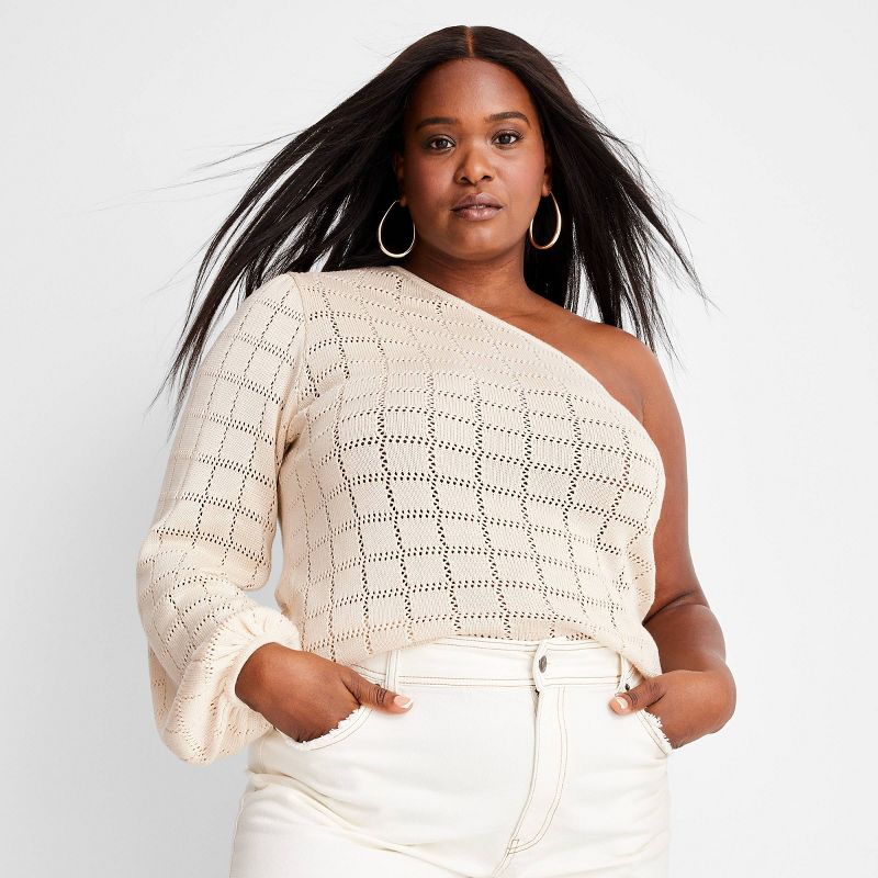 Women's Asymmetrical One Shoulder Checkered Sweater - Future Collective™ with Jenny K. Lopez Cream, 3 of 4