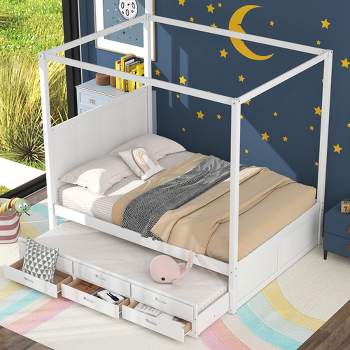 Queen Size Canopy Platform Bed with Twin Size Trundle Bed and Three Storage Drawers-ModernLuxe