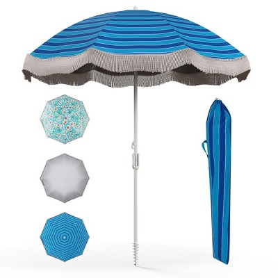 Tangkula 6.5 FT Beach Umbrella w/ Fringe Tassel Umbrella w/ Push Button Tilt Sand Anchor