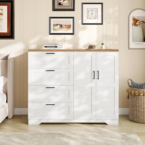 43.3'' H Armoire Wardrobe Closet with 4 Drawers and 2 Doors, Hanging Rod, Multifunctional Wooden Dresser with Storage Closet, Bathroom Cabinet - 1 of 4