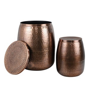 happimess Merida Modern Rustic Hammered Metal Drum Storage Side Table with Lid - 1 of 4