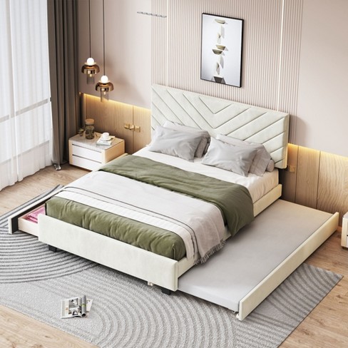 Queen Size Wooden Upholstered Platform Bed Frame With Twin Xl Pullout Trundle Bed And Two Drawers modernluxe Target