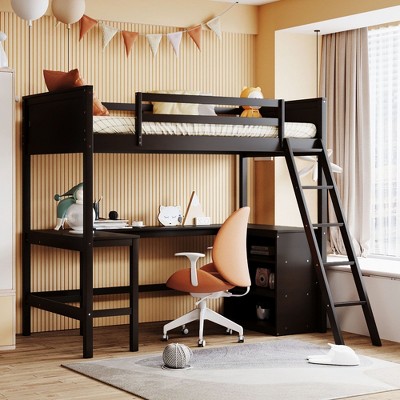 NicBex Twin Bunk Bed with Desk Wood Frame Bed Frame with Storage Cabinet, Full Length Guardrails and Inclined Ladder, No Box Spring Required