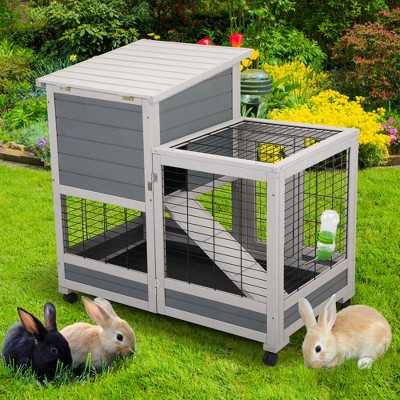 Sevobal Pet Crates and Houses Wooden Rabbit Hutch with Ventilation Gridding Fence, Openable Door, Cleaning Tray, Gray, 37.01"*22.24"*36.2"