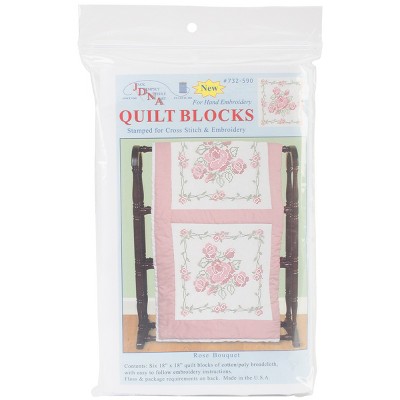 Jack Dempsey Stamped White Quilt Blocks 18"X18" 6/Pkg-Rose Bouquet