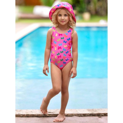 Mia Belle Girls Butterfly Pink Bucket Hat & One-Piece Swimsuit Mia Belle Girls, Multicolor, 6/6X — фото 4