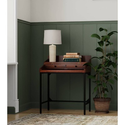 Chestnut Mango Wood Writing Desk with Black Iron Frame and Drawers