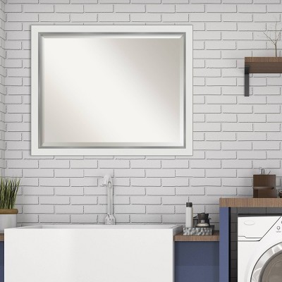 Contemporary White and Silver Rectangular Bathroom Vanity Wall Mirror