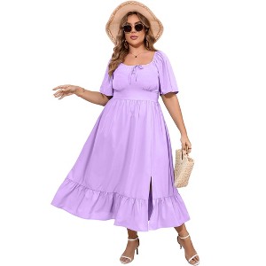 YESFASHION Womens Plus Size Square Neck Floral Print Summer Dress Ruffle Short Sleeve Tie Front Slit Hem Boho Maxi Dress - 1 of 4