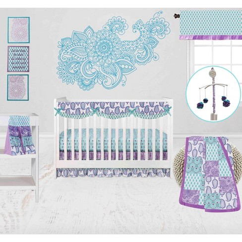 Bacati Paisley Isabella Purple Lilac Aqua 10 pc Crib Bedding Set with Long Rail Guard Cover