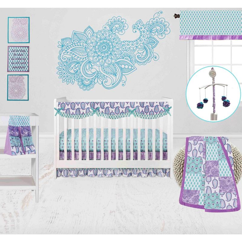 Bacati - Paisley Isabella Purple Lilac Aqua 10 pc Crib Bedding Set with Long Rail Guard Cover, 1 of 12