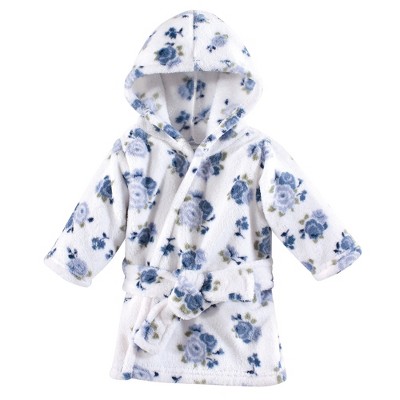 Image of Luvable Friends Baby Girl Plush Bathrobe, Blue Floral, 0-9M