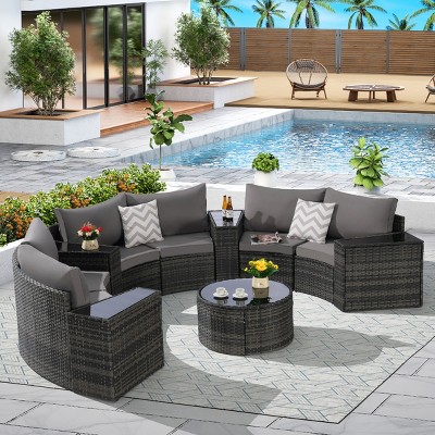 Half-Moon Outdoor Backyard Sectional Sofa Set,11 Piece Balcony Wicker Rattan Sofa,Cushion Garden Furniture Sofa with Coffee Table-Coolbibila