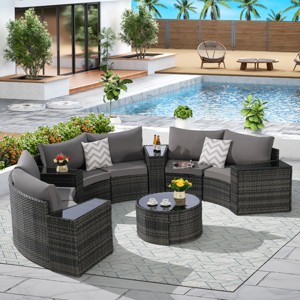 Half-Moon Outdoor Backyard Sectional Sofa Set,11 Piece Balcony Wicker Rattan Sofa,Cushion Garden Furniture Sofa with Coffee Table-Coolbibila - 1 of 4