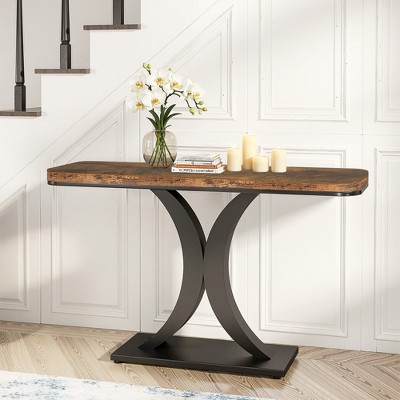 Lirago 40" Console Table Narrow Entryway Foyer Table Geometric Base Modern Industrial Style Brown