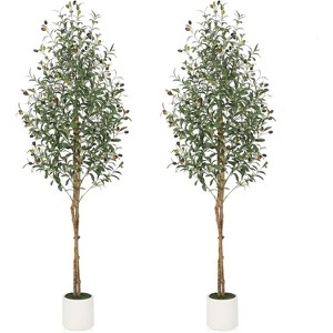 Acekool Faux Olive Tree with 2 Natural Wood Trunks, Adjustable Silk Leaves, White Cement-Filled Planter, Indoor Floor Plant, 1 or 2 PCS - 1 of 4