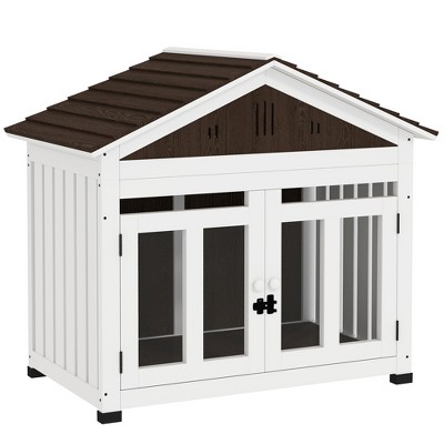 PawHut 40"L Dog House Outdoor Indoor, Wooden Dog Kennel for Small, Medium, Large Dogs, with Air Vents & Elevated Removable Floor, Magnetic Doors