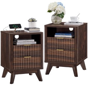 18" Modern Fluted Nightstand with Charging Station, Side Table with Faux Marble Top for Bedroom, Living Room - 1 of 4