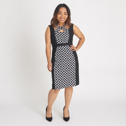 Women's X-Neck Geometric Print Sheath Dress - Connected Apparel - Black,  Size: 12