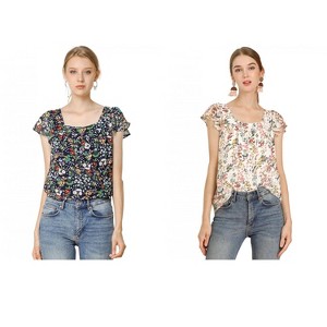 Allegra K Women's Chiffon Ruffle Sleeve Square Neck Floral Print Blouse 2 Pcs - 1 of 4