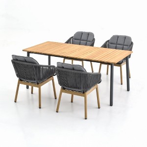 Decksplore Outdoor Patio Dining Set, 5/7 PCS Outdoor Dining Teak and Rope Set Wood look Rectangle Table with Hole Seat Cushions - 1 of 4