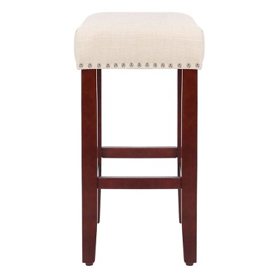 24" Cherry and Beige Upholstered Saddle Seat Counter Stool