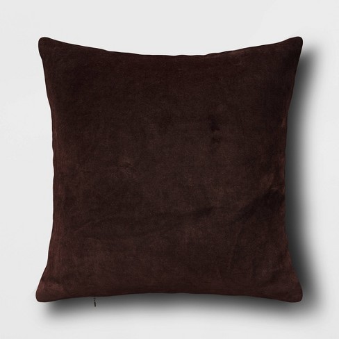 Washed Cotton Velvet Square Throw Pillow Dark Brown Threshold Indoor Decorative Cushion Removable Cover Zip Closure