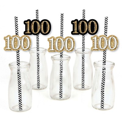 Big Dot of Happiness Adult 100th Birthday - Gold - Paper Straw Decor - Birthday Party Striped Decorative Straws - Set of 24