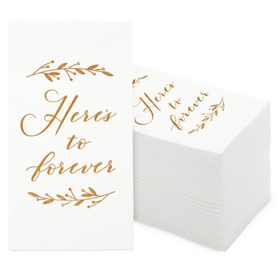 Sparkle and Bash 100 Pack White Napkins for Wedding Reception with Rose Gold Foil Accents, Here's To Forever, 3-Ply, 4 x 8 In