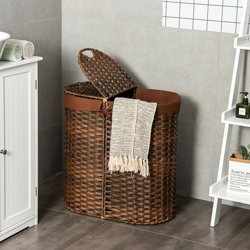 Costway Handwoven Laundry Hamper Laundry Basket w/2 Removable Liner Bags Brown/Grey, 2 of 11