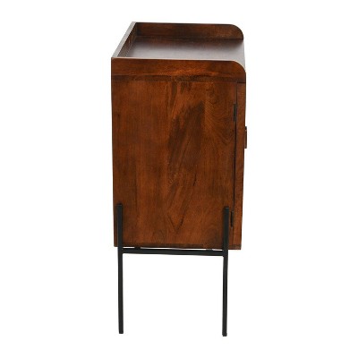 Walnut and Natural Boho Wood Bar Cabinet with Cane Doors