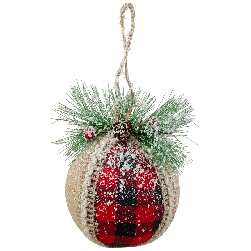 Northlight Set of 4 Red and Black Plaid with Burlap Christmas Ball Ornaments 6" (152mm), 1 of 4