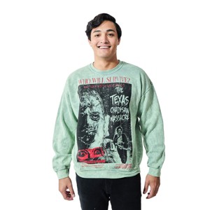 Texas Chainsaw Massacre Who Will Survive Oversized Poster Adult Unisex Mineral Washed Crew Neck Long Sleeve Sweatshirt - 1 of 4