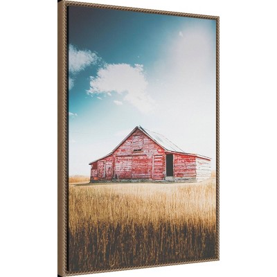 Large Red Barn Framed Canvas Wall Art with Beaded Bronze Frame