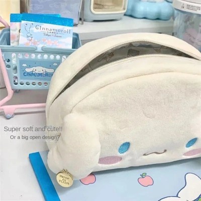 Paaaawaters Super Soft Cute Plush Cinnamoroll Pencil Case with Embroidery and Big Open Design, Cream-colored