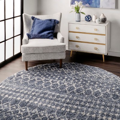 Gray and Ivory Round Moroccan Trellis Shag Area Rug