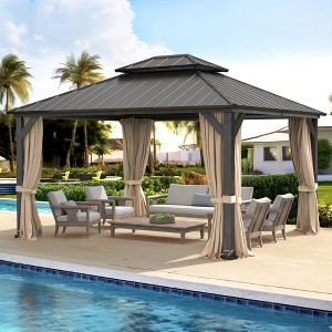 Arceso Hardtop Gazebos, 12X14 Aluminum Frame Permanent Pavilion with Curtains and Netting, Double Galvanized Steel Roof Gazebo Outdoor - 1 of 4