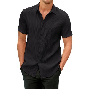 Mens Casual Shirts Short Sleeve Button Down Linen Shirts Fashion Textured Summer Beach Shirt - 1 of 4
