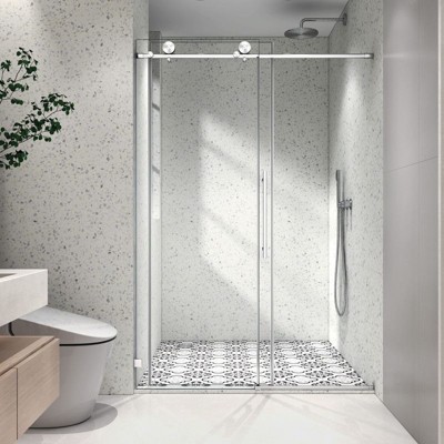 PexFix 76 in.x 54 in. Frameless Single Sliding Shower Door 8mm Tempered Glass With Adjustable Soft Closing Design for Spa Bathroom Brushed Nickel