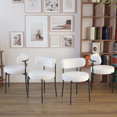 White Boucle Dining Chairs Set of 4,Mid-Century Modern Curved Back Upholstered Kitchen Chairs with Black Metal Legs-Baofuwish
