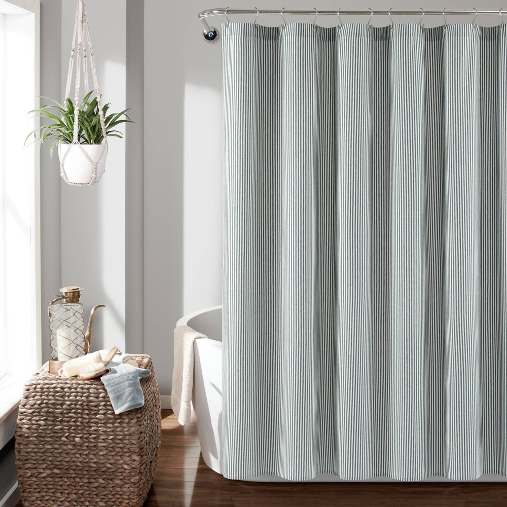 Photos - Shower Curtain 72"x72" Farmhouse Vintage Striped Yarn Dyed Cotton  Navy - Lush Décor: Eco-Friendly, Buttonhole Top