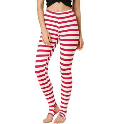 Allegra K Women's Printed High Waist Elastic Waistband Yoga Stirrup Pants  Red White-Stripe X-Large